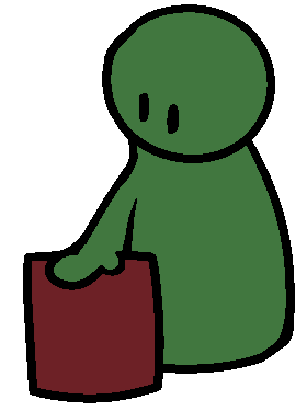 A green person with just a torso, round head, and eyes, touching a red square.